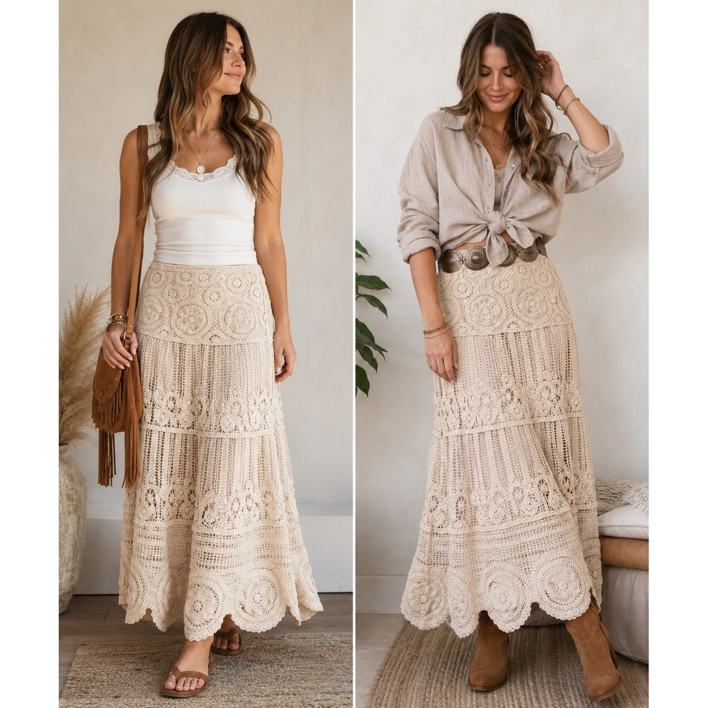 Boutique Ivory Floral Crochet Midi Skirt Elastic Waist NWOT
